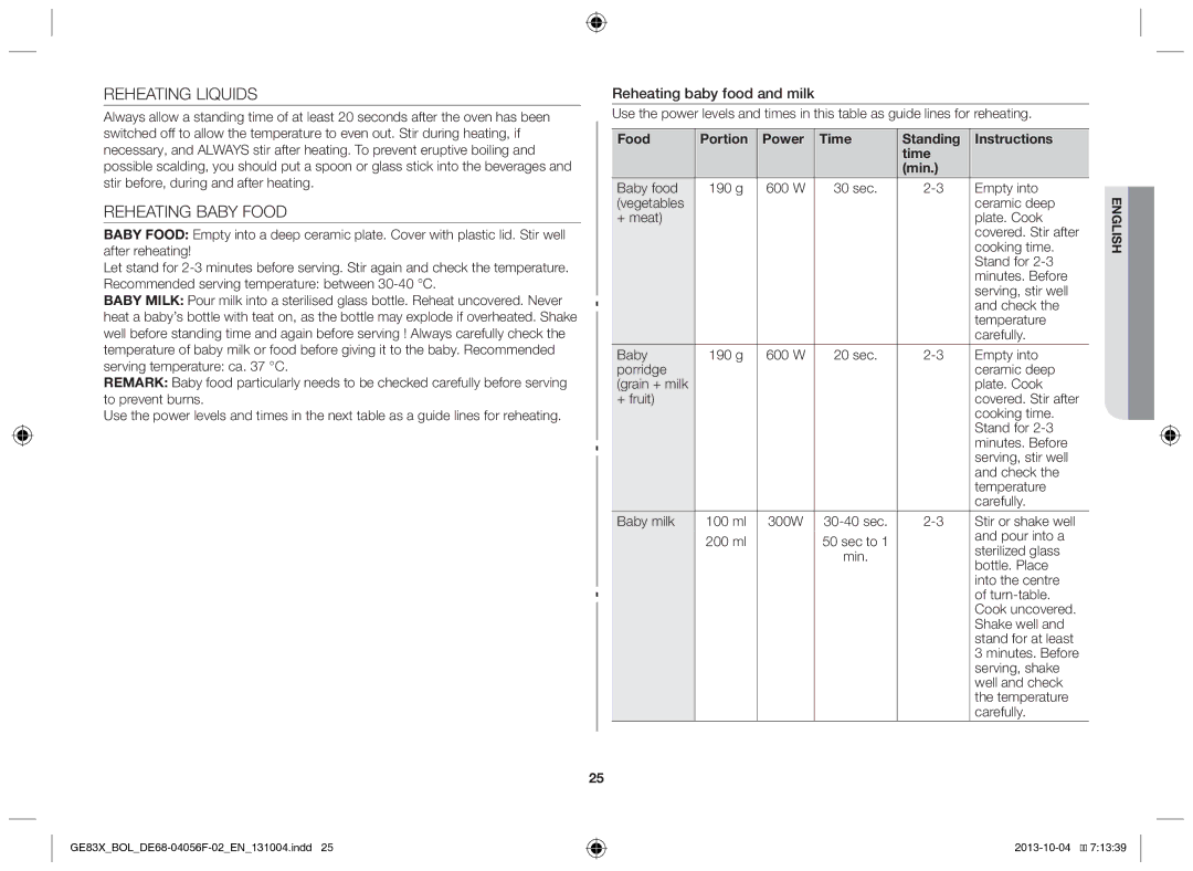 Samsung GE83X/BOL manual Reheating Liquids, Reheating Baby Food, Reheating baby food and milk 