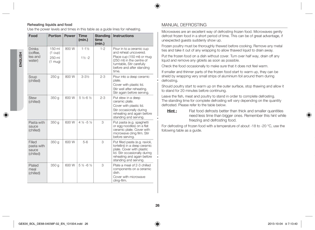 Samsung GE83X/BOL manual Manual Defrosting 