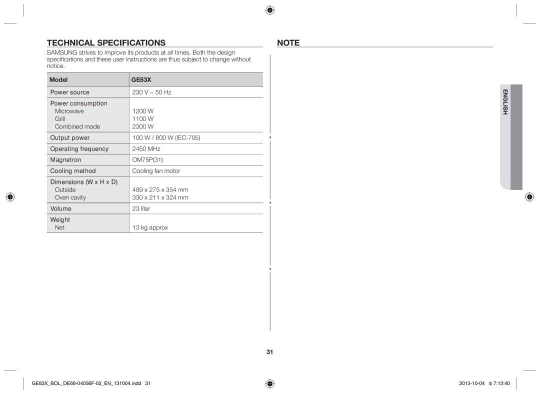 Samsung GE83X/BOL Technical specifications, User instructions are thus subject to change without, Specifications and these 