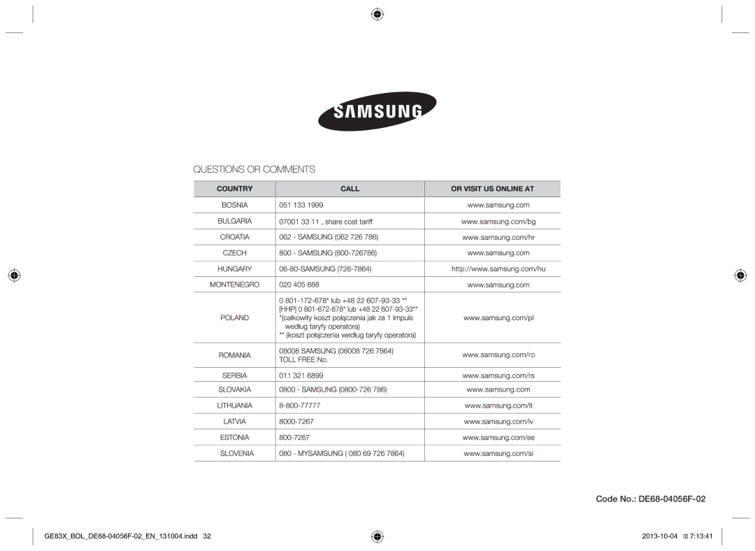 Samsung GE83X/BOL manual Code No. DE68-04056F-02 