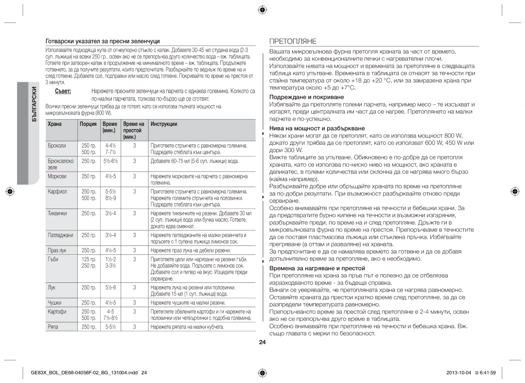 Samsung GE83X/BOL manual Претопляне, Готварски указател за пресни зеленчуци, Храна, Мин Престой 