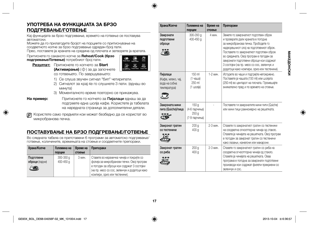 Samsung GE83X/BOL Употреба на функцијата за брзо подгревање/готвење, Поставување на брзо подгревање/готвење, Храна/Копче 