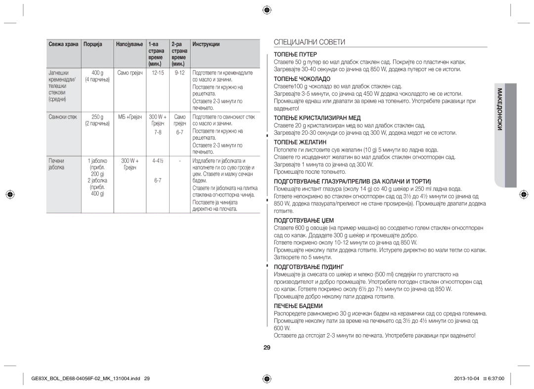 Samsung GE83X/BOL manual Специјални Совети 