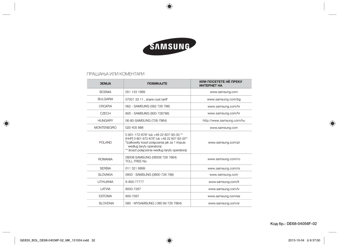 Samsung GE83X/BOL manual Код бр. DE68-04056F-02 