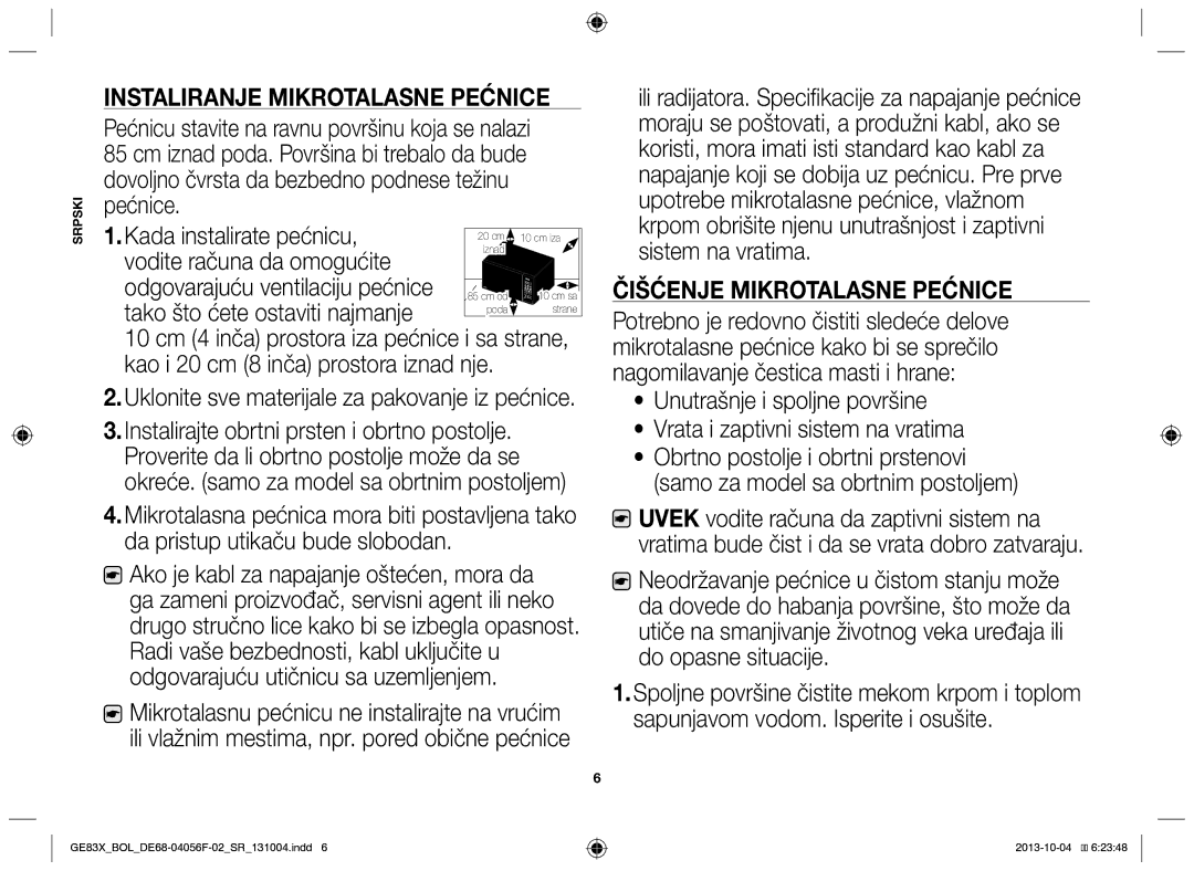 Samsung GE83X/BOL manual Instaliranje mikrotalasne pećnice, Instalirajte obrtni prsten i obrtno postolje 