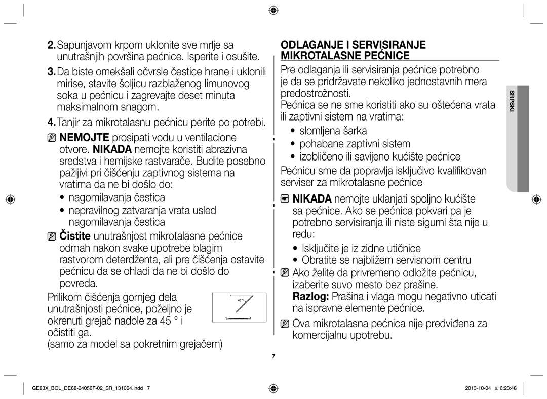 Samsung GE83X/BOL manual Odlaganje i servisiranje mikrotalasne pećnice 