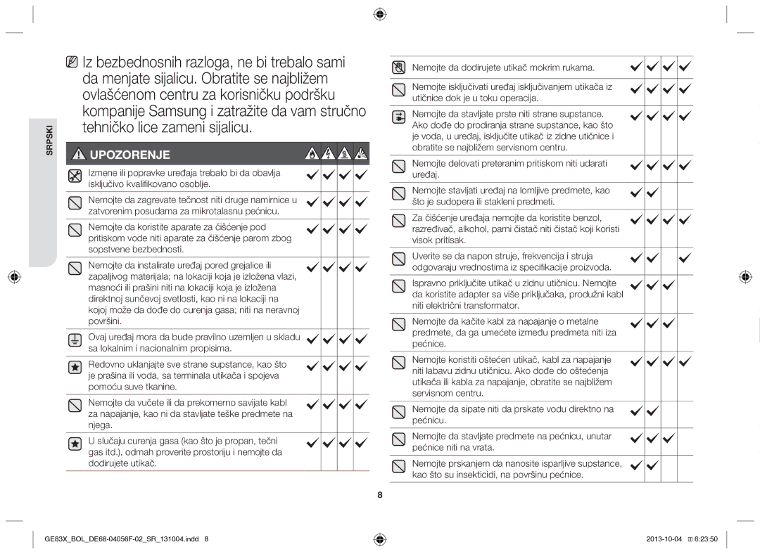 Samsung GE83X/BOL manual Upozorenje 