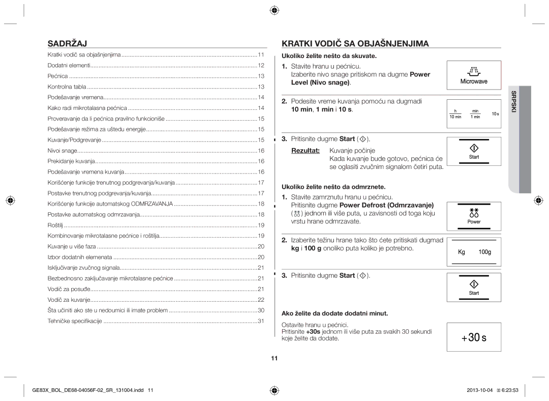 Samsung GE83X/BOL manual Sadržaj, Kratki vodič sa objašnjenjima, 10 min, 1 min i 10 s 