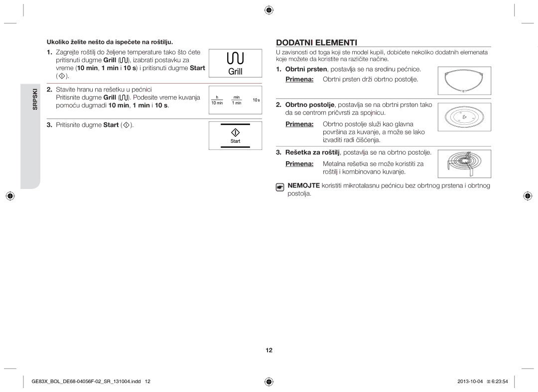 Samsung GE83X/BOL manual Dodatni elementi, Obrtni prsten, postavlja se na sredinu pećnice, Primena 