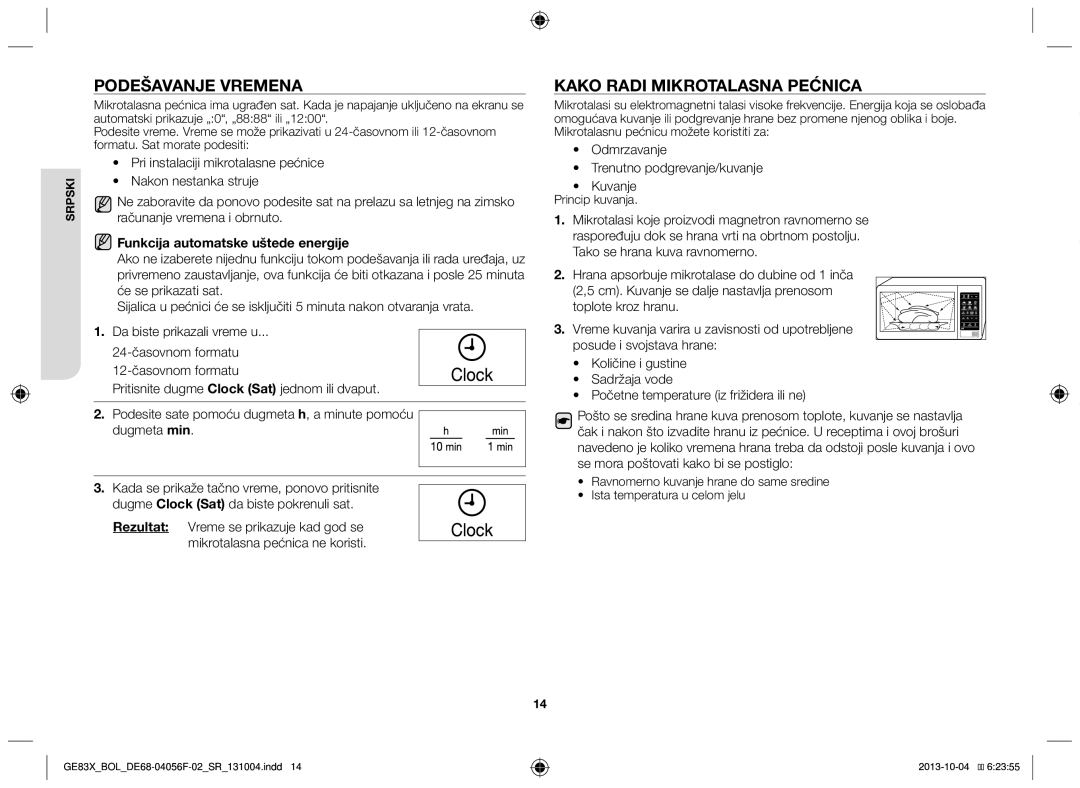 Samsung GE83X/BOL manual Podešavanje vremena, Kako radi mikrotalasna pećnica, Funkcija automatske uštede energije 