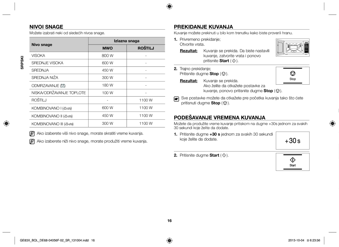 Samsung GE83X/BOL manual Nivoi snage, Prekidanje kuvanja, Podešavanje vremena kuvanja, Nivo snage Izlazna snaga 