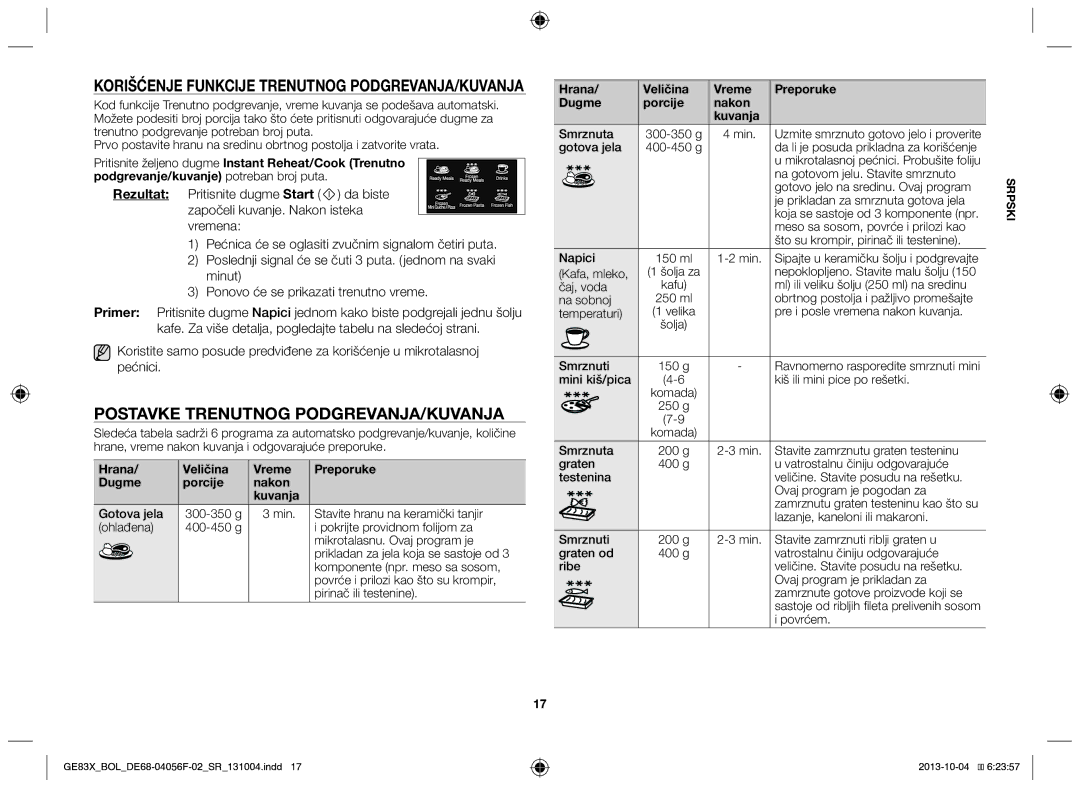 Samsung GE83X/BOL manual Korišćenje funkcije trenutnog podgrevanja/kuvanja, Postavke trenutnog podgrevanja/kuvanja 