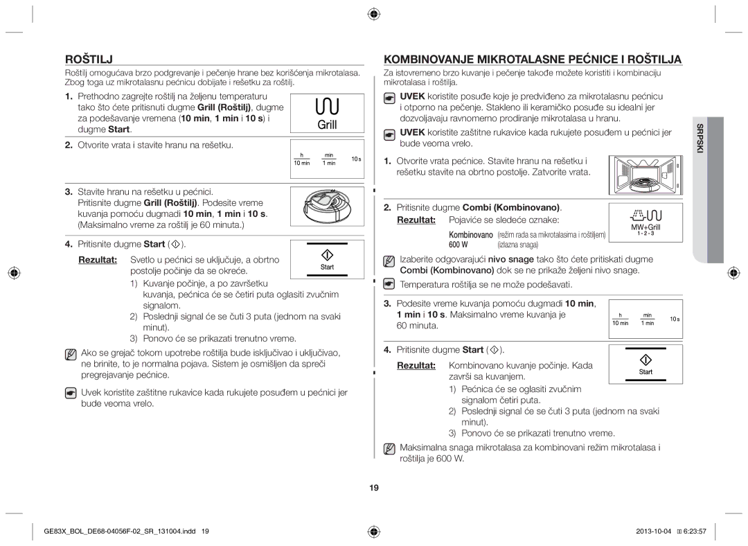 Samsung GE83X/BOL manual Roštilj, Kombinovanje mikrotalasne pećnice i roštilja, Pritisnite dugme Combi Kombinovano 