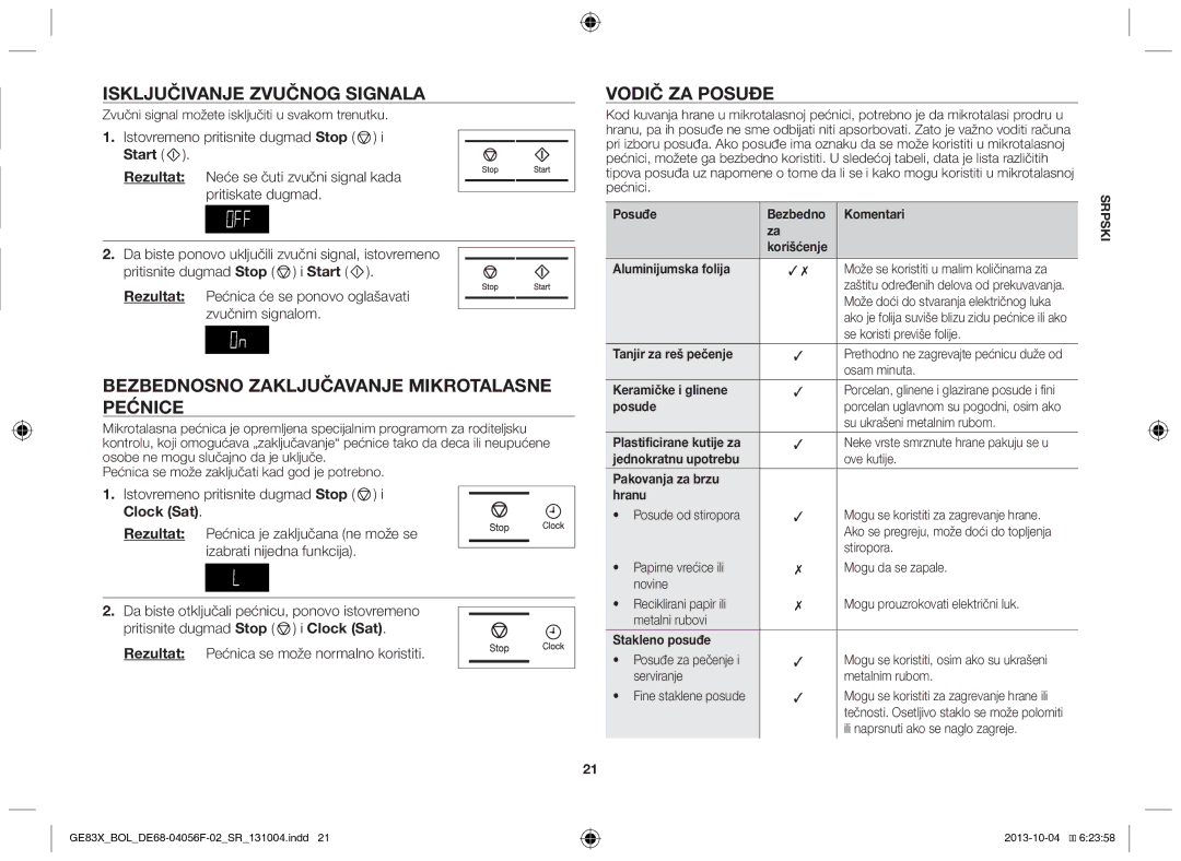 Samsung GE83X/BOL manual Isključivanje zvučnog signala, Bezbednosno zaključavanje mikrotalasne pećnice, Vodič za posuđe 