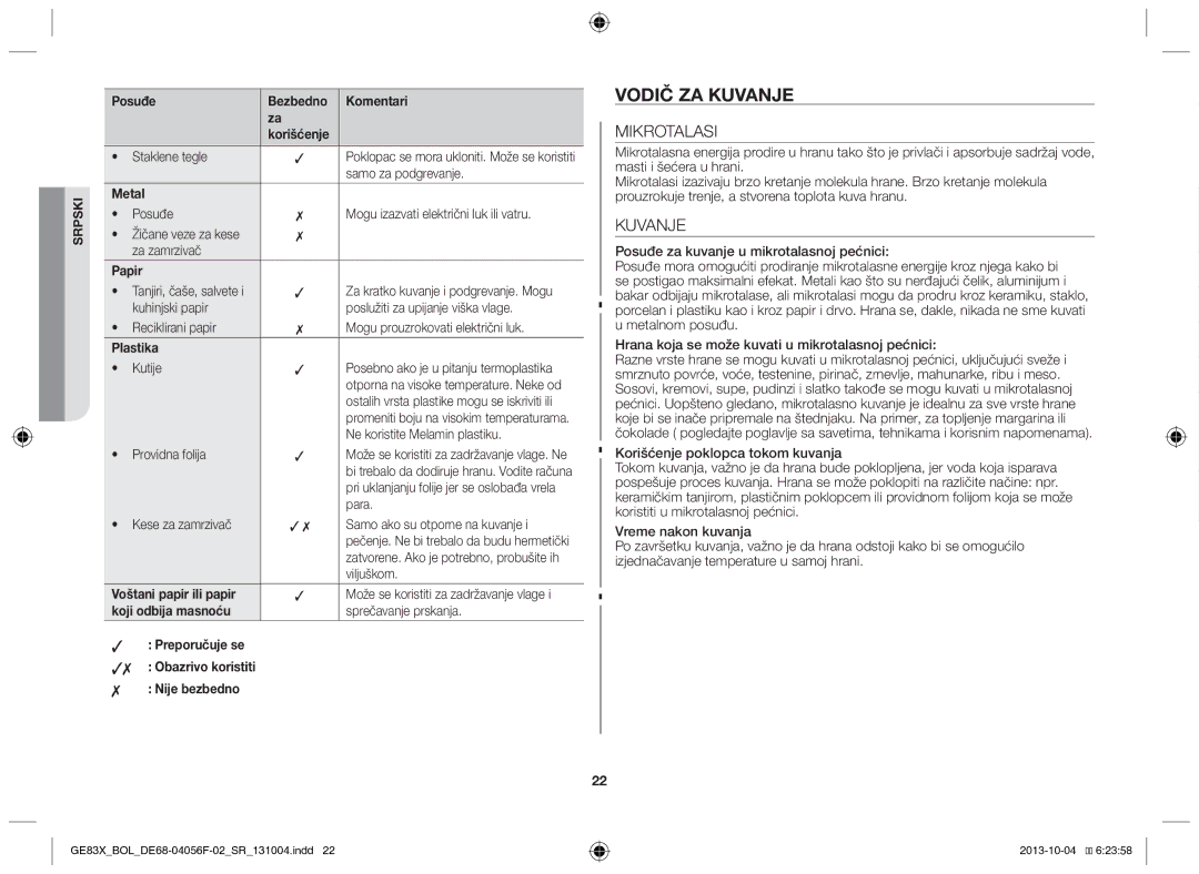 Samsung GE83X/BOL manual Vodič za kuvanje, Mikrotalasi, Kuvanje 