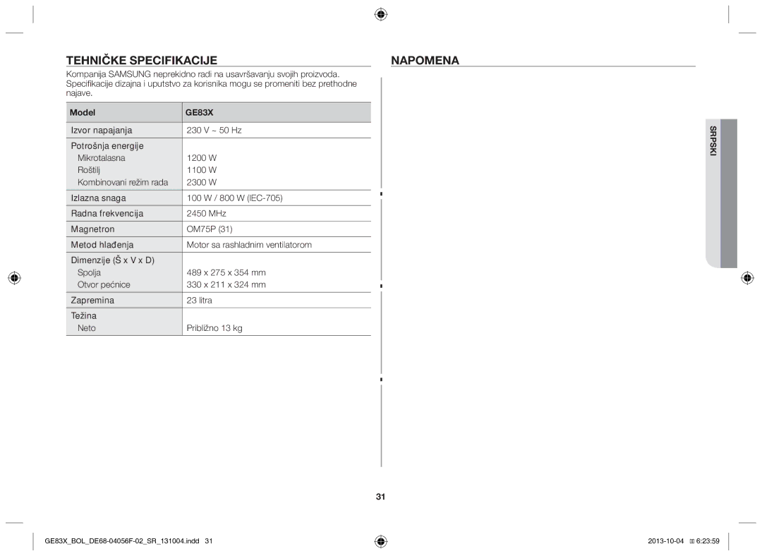 Samsung GE83X/BOL manual Tehničke specifikacije, Najave, Model 