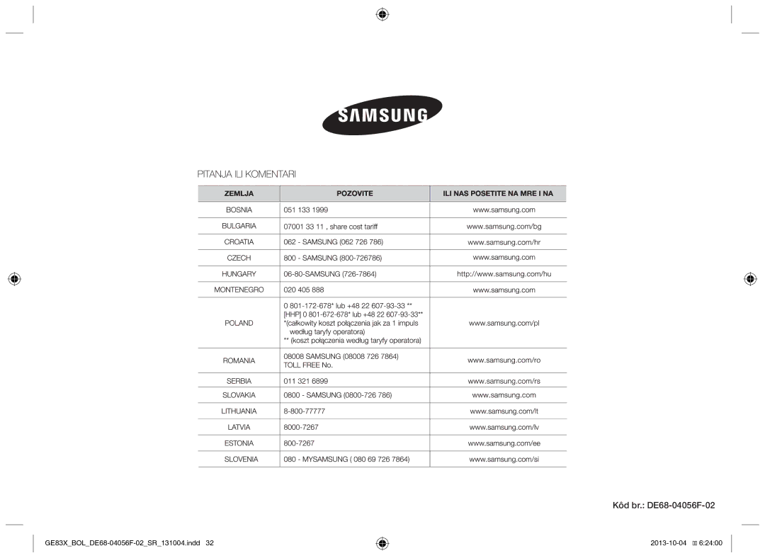 Samsung GE83X/BOL manual Kôd br. DE68-04056F-02 