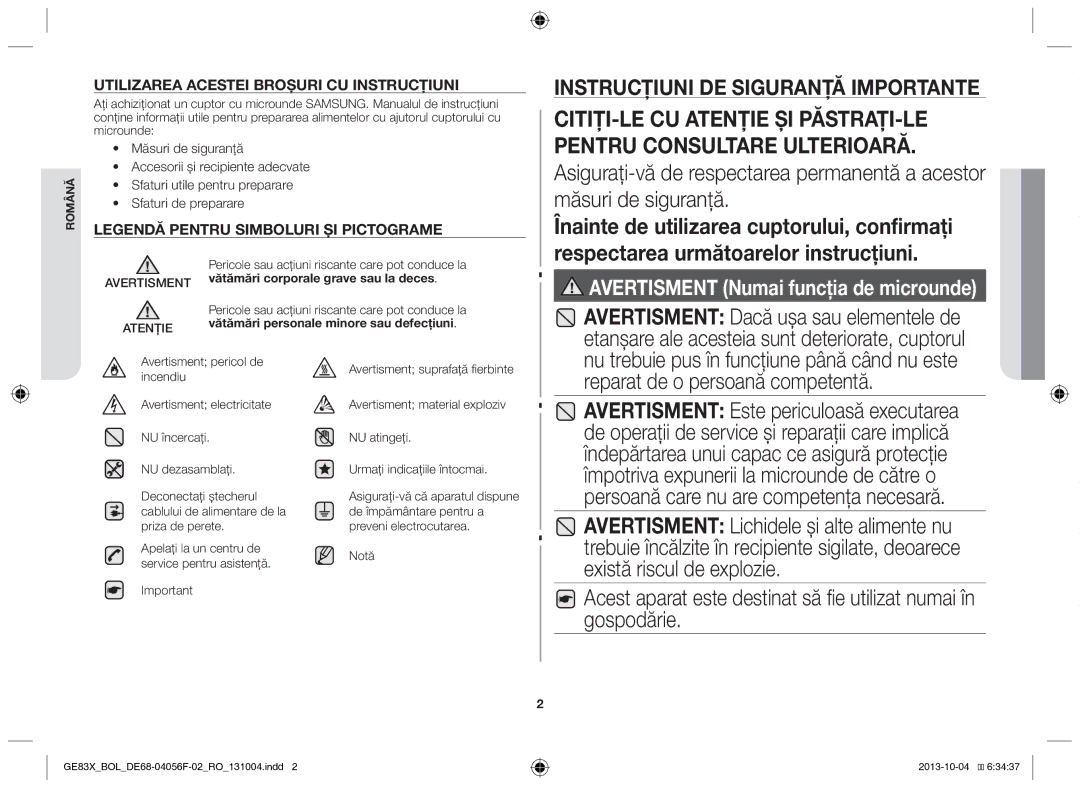 Samsung GE83X/BOL manual Notă, Apelaţi la un centru de service pentru asistenţă 