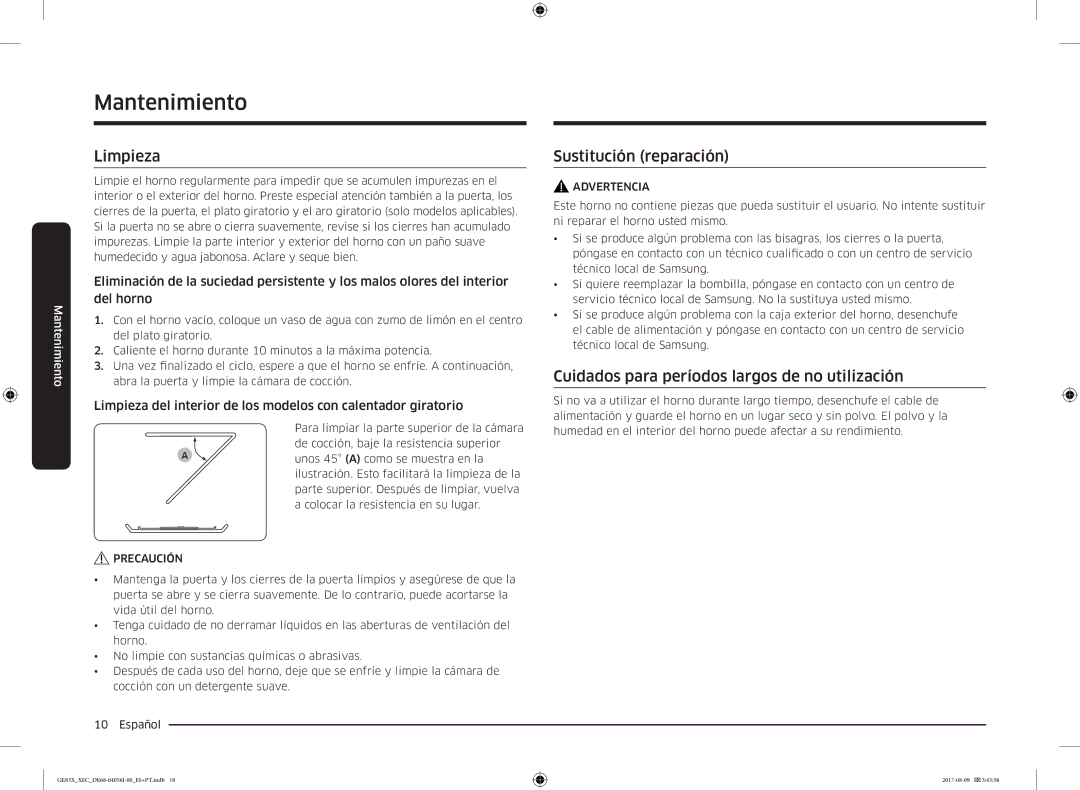 Samsung GE83X/XEC manual Mantenimiento, Limpieza, Sustitución reparación, Cuidados para períodos largos de no utilización 