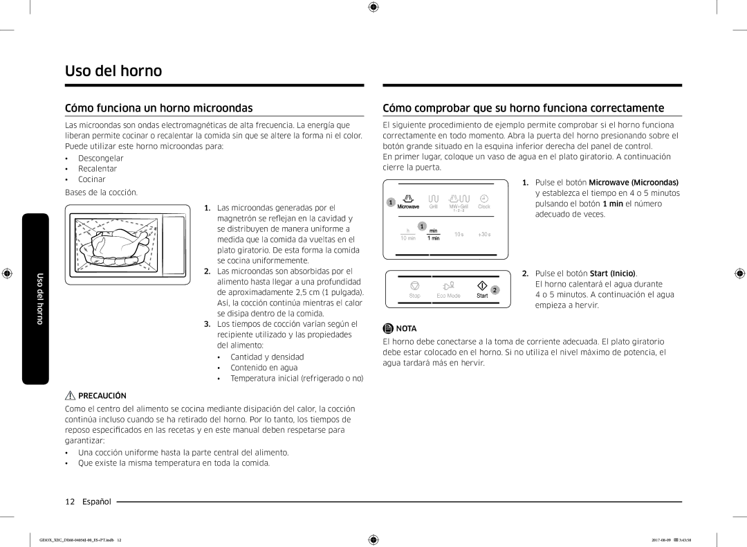 Samsung GE83X/XEC Uso del horno, Cómo funciona un horno microondas, Cómo comprobar que su horno funciona correctamente 