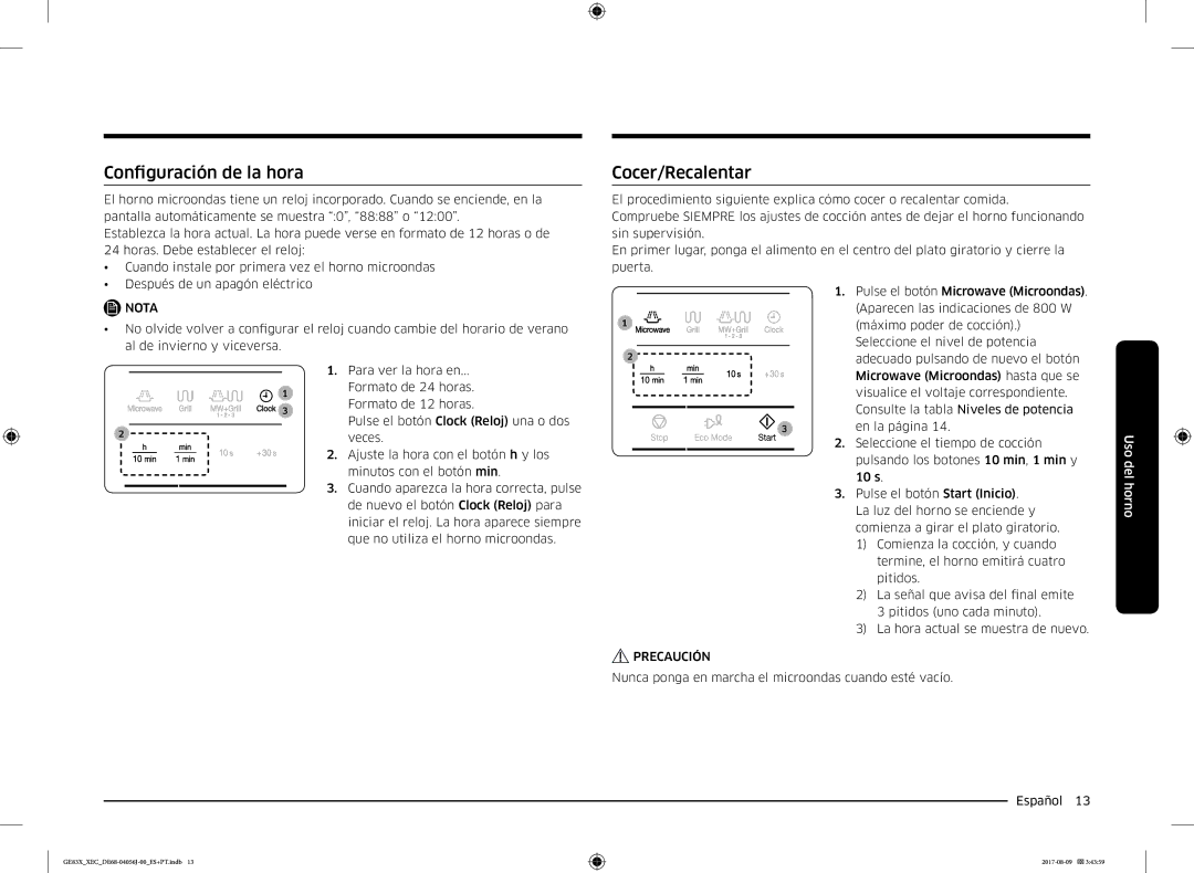 Samsung GE83X/XEC manual Configuración de la hora, Cocer/Recalentar 