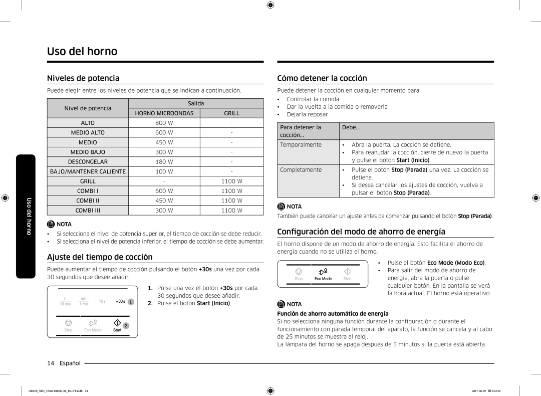 Samsung GE83X/XEC manual Niveles de potencia, Ajuste del tiempo de cocción, Cómo detener la cocción 