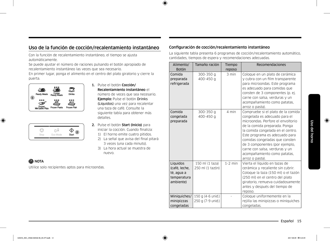 Samsung GE83X/XEC manual Uso de la función de cocción/recalentamiento instantáneo 