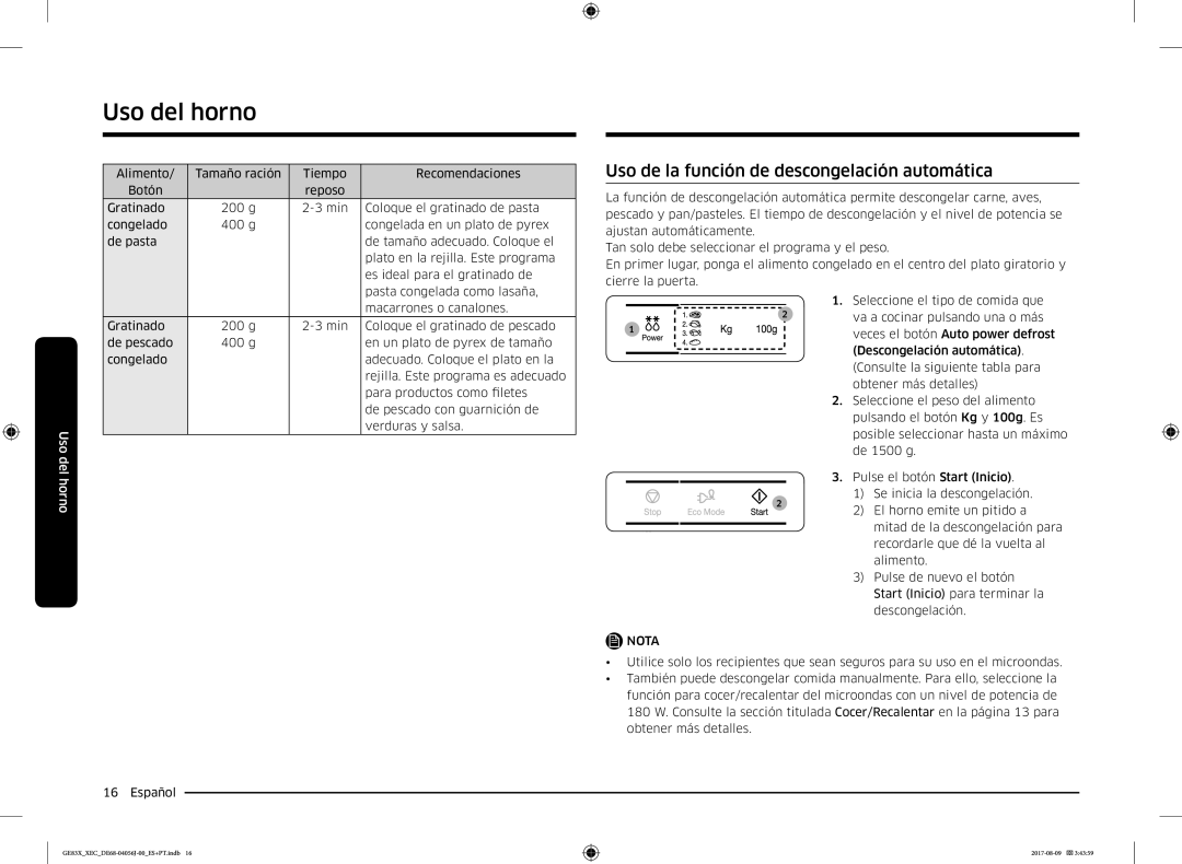 Samsung GE83X/XEC manual Uso de la función de descongelación automática 