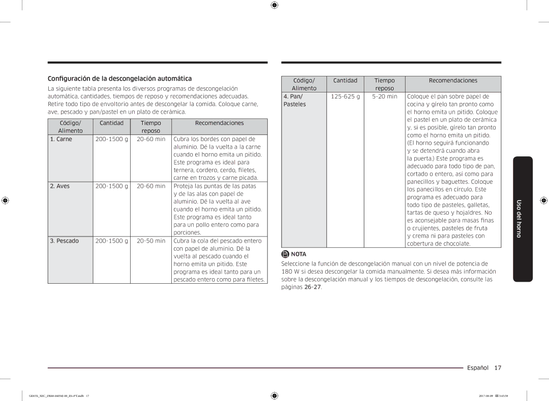 Samsung GE83X/XEC manual Configuración de la descongelación automática 