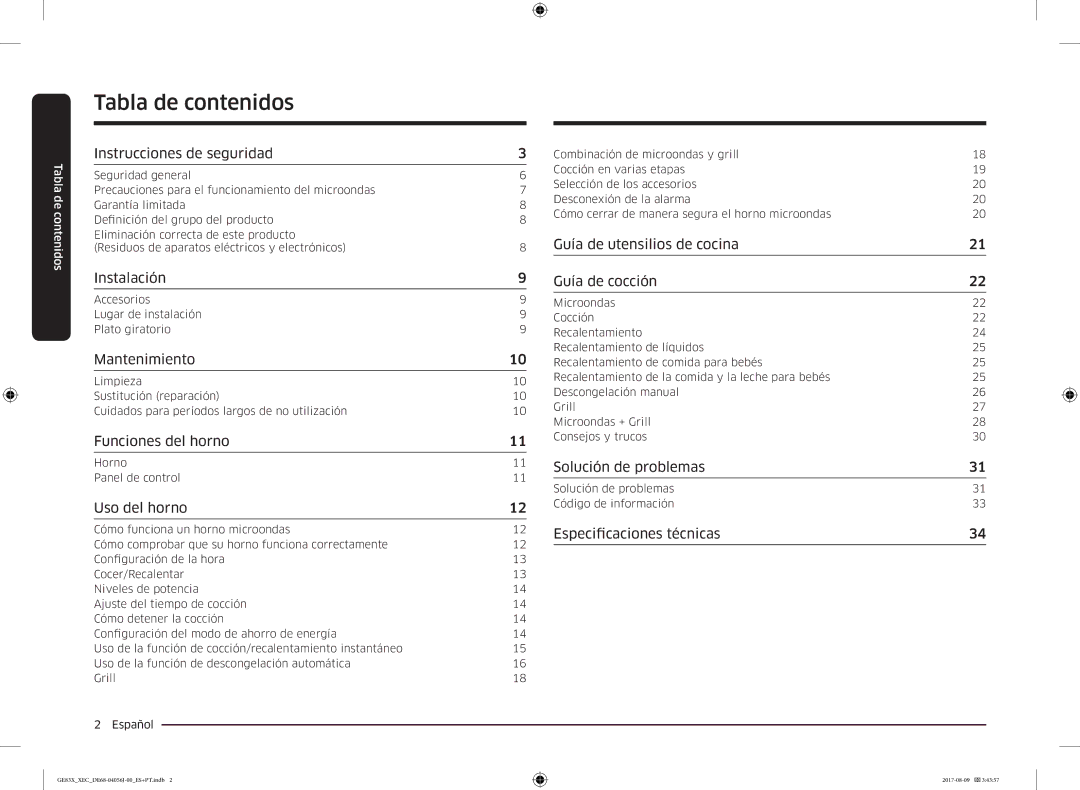 Samsung GE83X/XEC manual Tabla de contenidos, Instrucciones de seguridad 