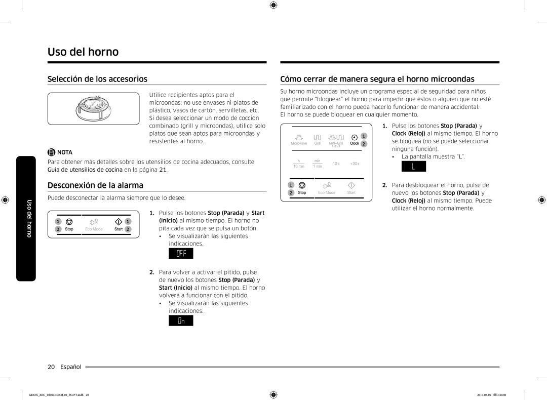 Samsung GE83X/XEC Selección de los accesorios, Cómo cerrar de manera segura el horno microondas, Desconexión de la alarma 