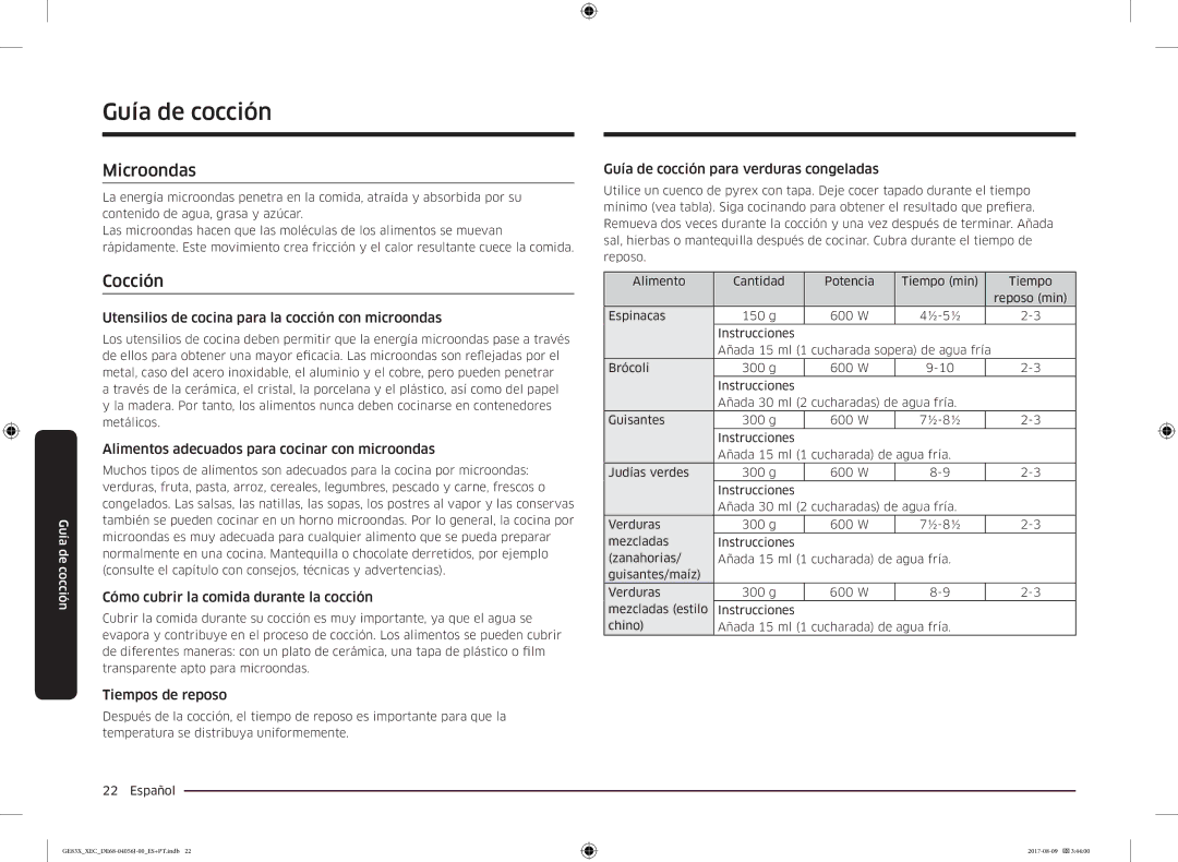 Samsung GE83X/XEC manual Guía de cocción, Microondas, Cocción 