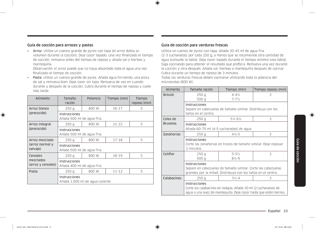 Samsung GE83X/XEC manual Guía de cocción para arroces y pastas, Guía de cocción para verduras frescas 