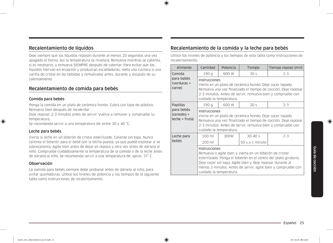 Samsung GE83X/XEC manual Recalentamiento de líquidos, Recalentamiento de comida para bebés 