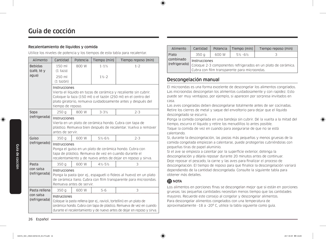 Samsung GE83X/XEC Descongelación manual, Recalentamiento de líquidos y comida 