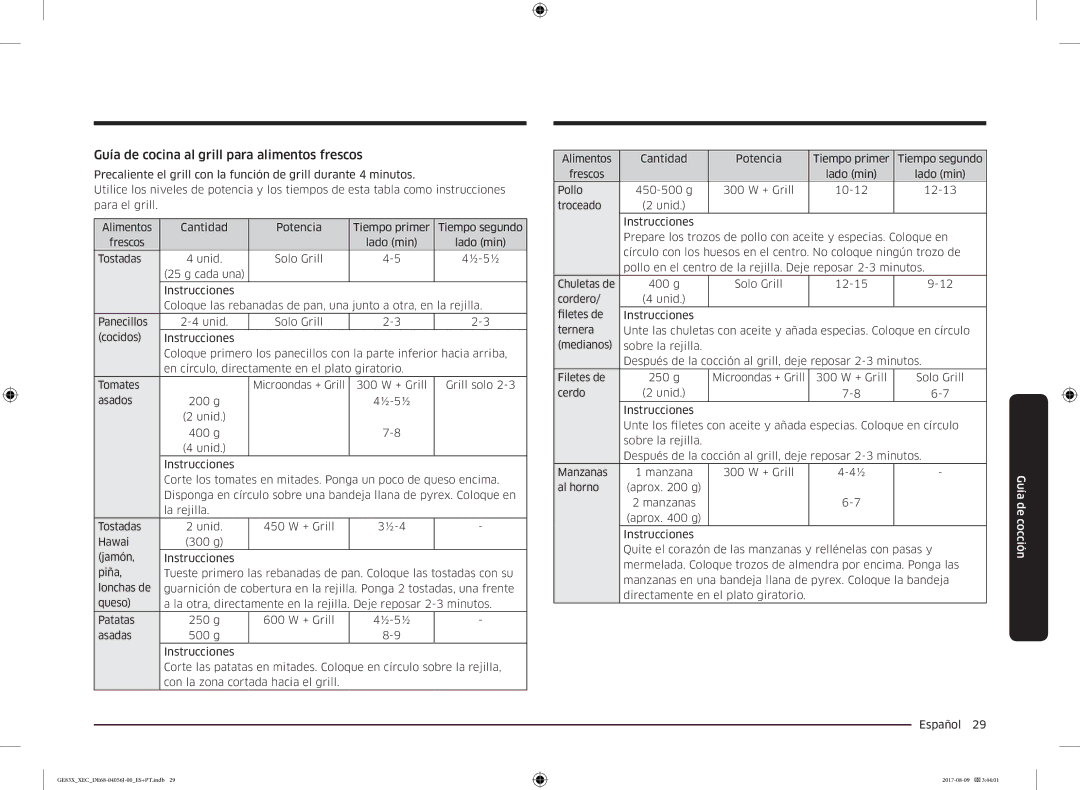 Samsung GE83X/XEC manual Guía de cocina al grill para alimentos frescos 