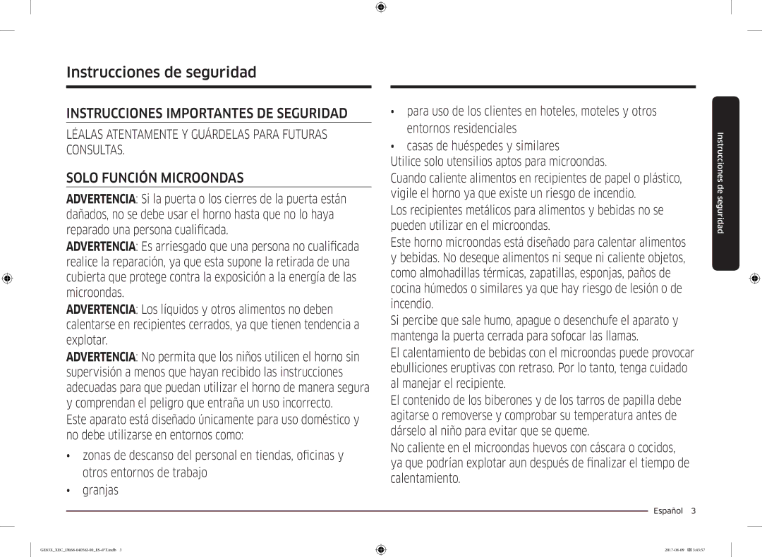 Samsung GE83X/XEC manual Instrucciones de seguridad, Solo Función Microondas 