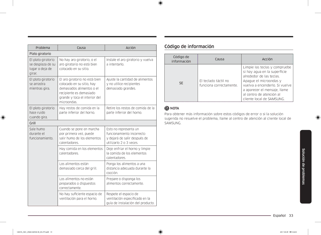 Samsung GE83X/XEC manual Código de información 