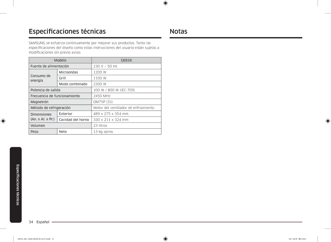 Samsung GE83X/XEC manual Especificaciones técnicas Notas 