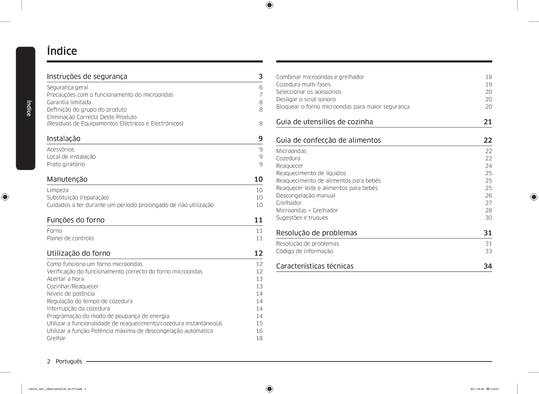 Samsung GE83X/XEC manual Índice, Instruções de segurança 