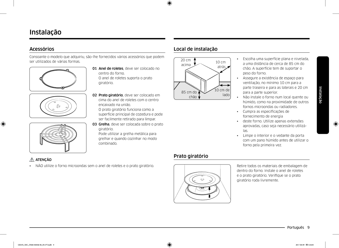 Samsung GE83X/XEC manual Instalação, Acessórios, Local de instalação, Prato giratório 