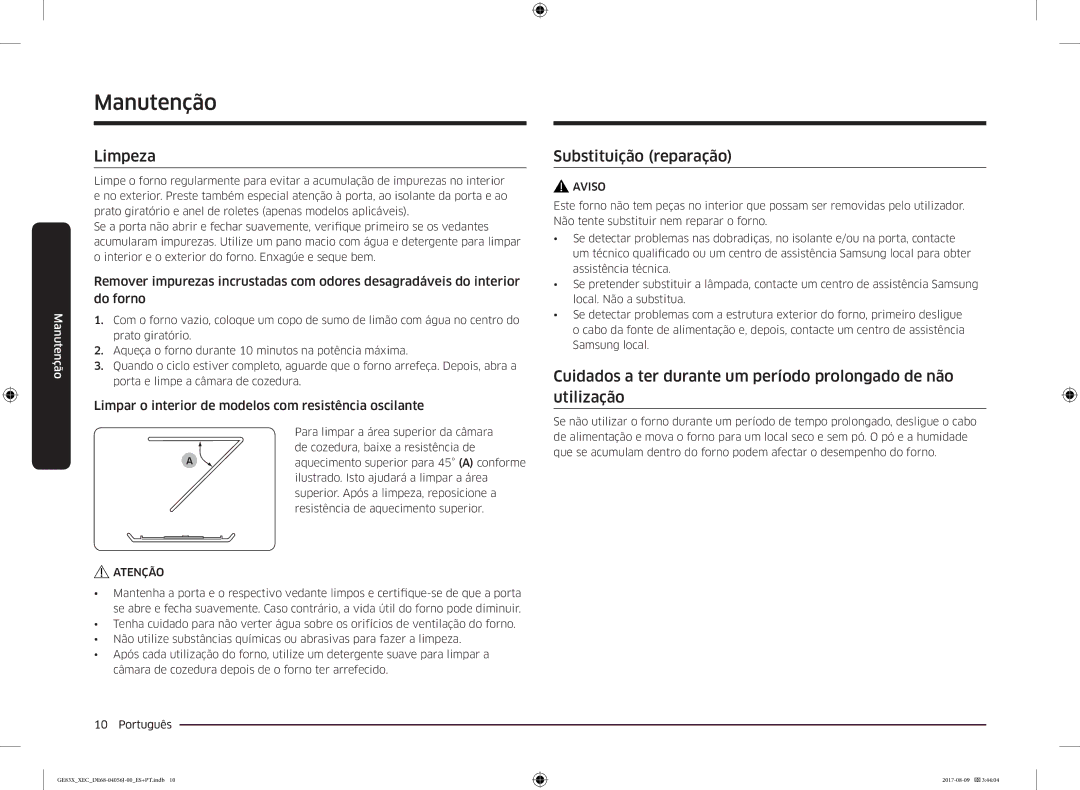 Samsung GE83X/XEC Manutenção, Limpeza, Substituição reparação, Limpar o interior de modelos com resistência oscilante 