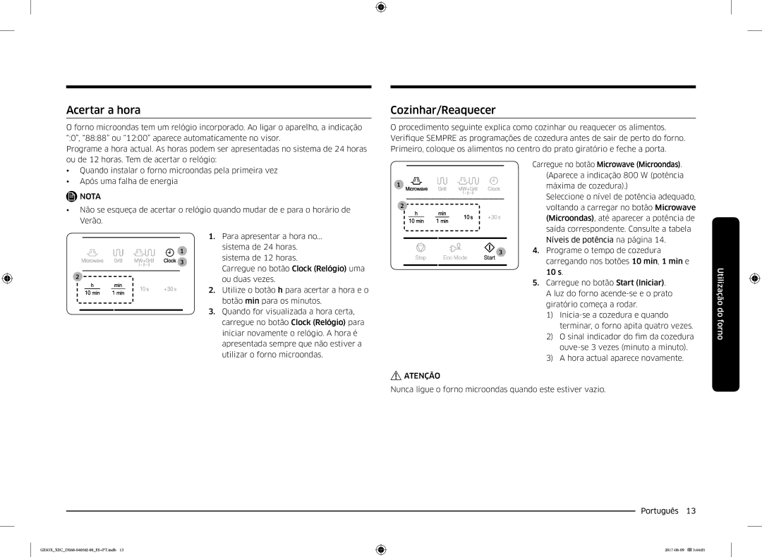 Samsung GE83X/XEC manual Acertar a hora, Cozinhar/Reaquecer 