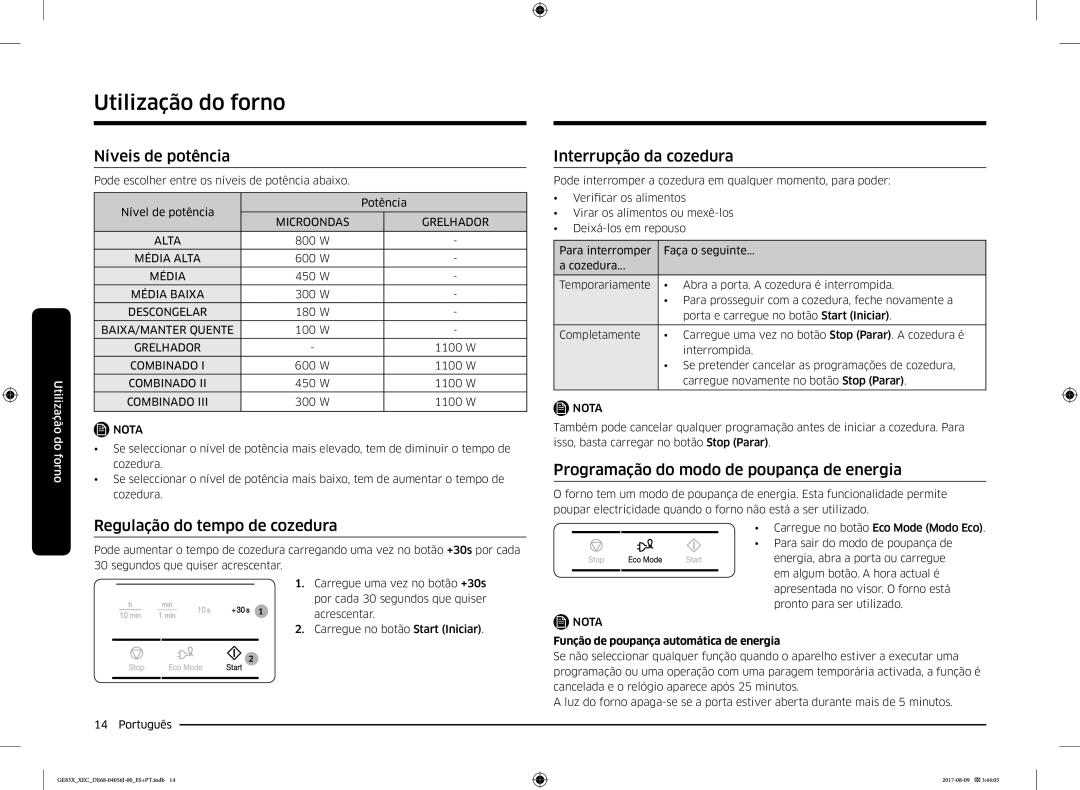 Samsung GE83X/XEC manual Níveis de potência, Regulação do tempo de cozedura, Interrupção da cozedura 