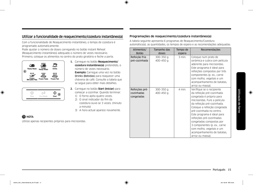 Samsung GE83X/XEC manual Programações de reaquecimento/cozedura instantâneoa 