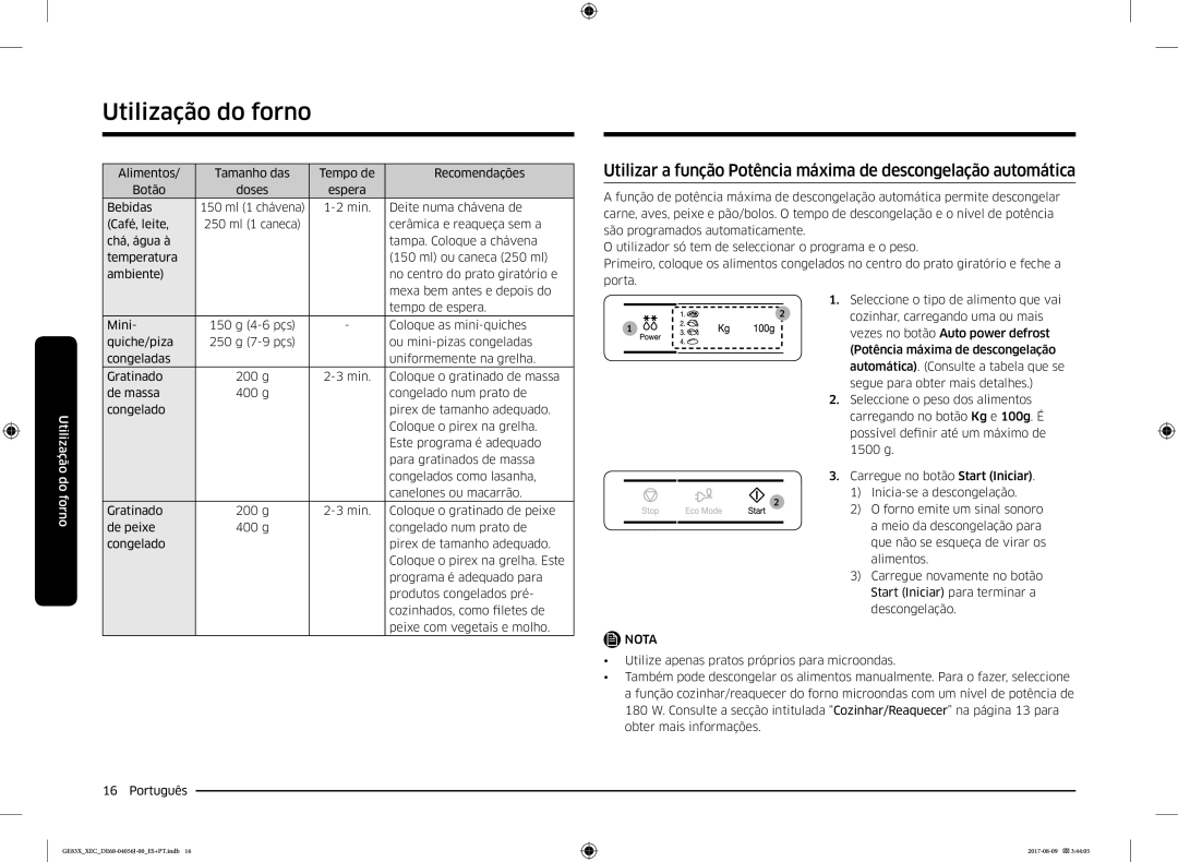 Samsung GE83X/XEC manual Alimentos Tamanho das Tempo de Recomendações Botão 