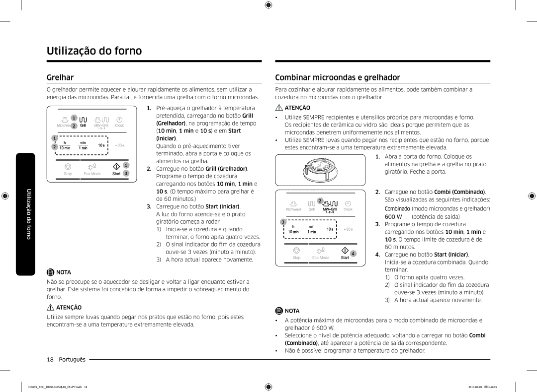 Samsung GE83X/XEC manual Grelhar, Combinar microondas e grelhador 