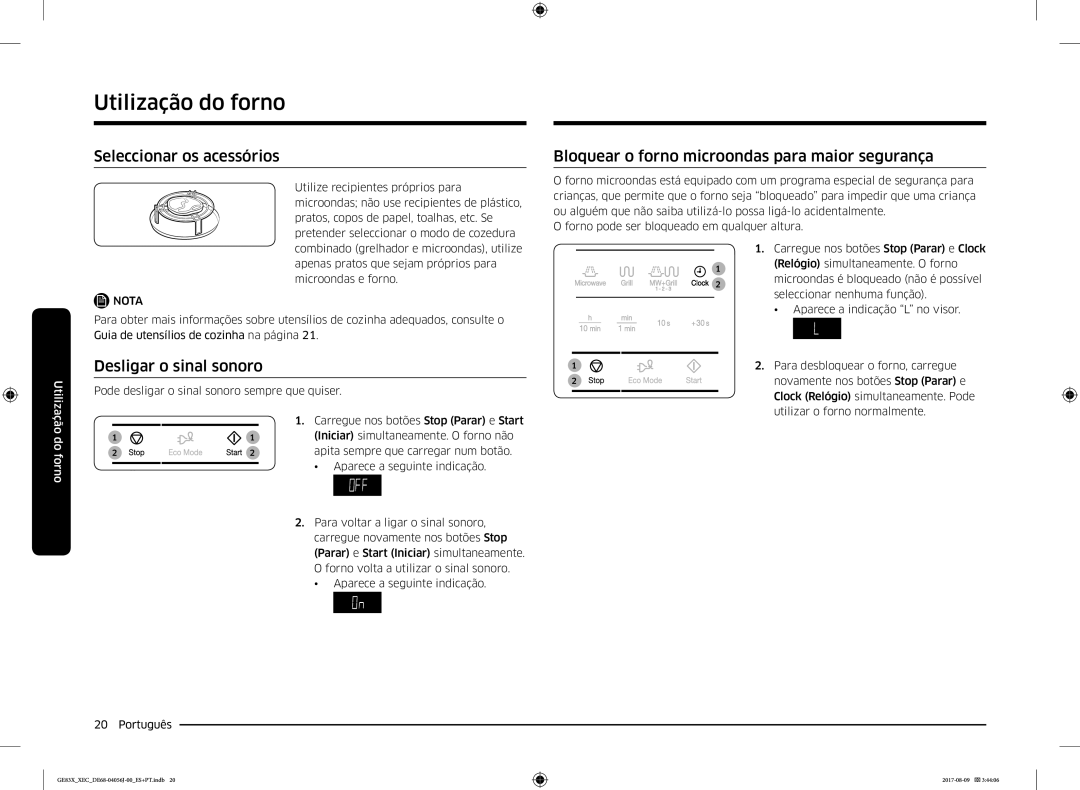 Samsung GE83X/XEC Seleccionar os acessórios, Bloquear o forno microondas para maior segurança, Desligar o sinal sonoro 