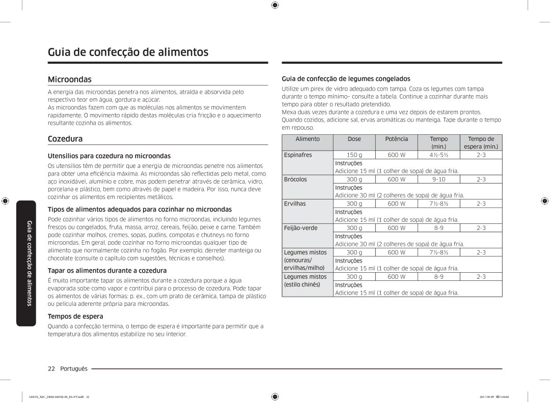 Samsung GE83X/XEC manual Guia de confecção de alimentos, Cozedura 