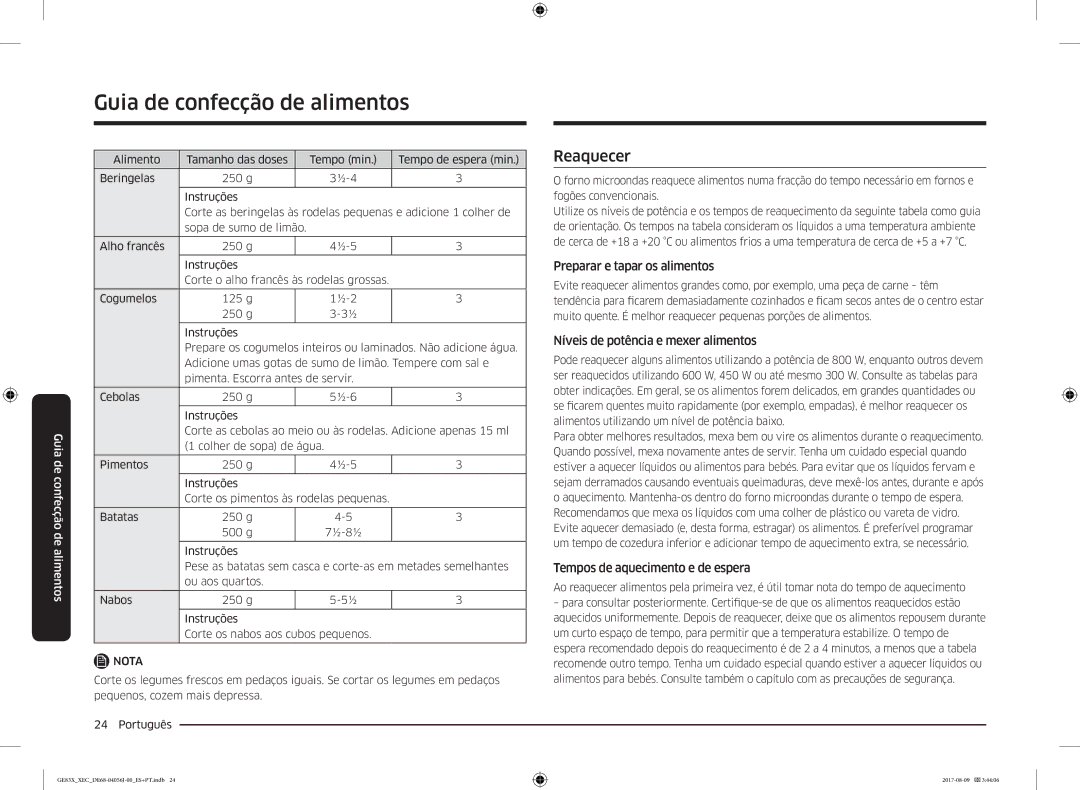 Samsung GE83X/XEC manual Reaquecer, Preparar e tapar os alimentos, Níveis de potência e mexer alimentos 